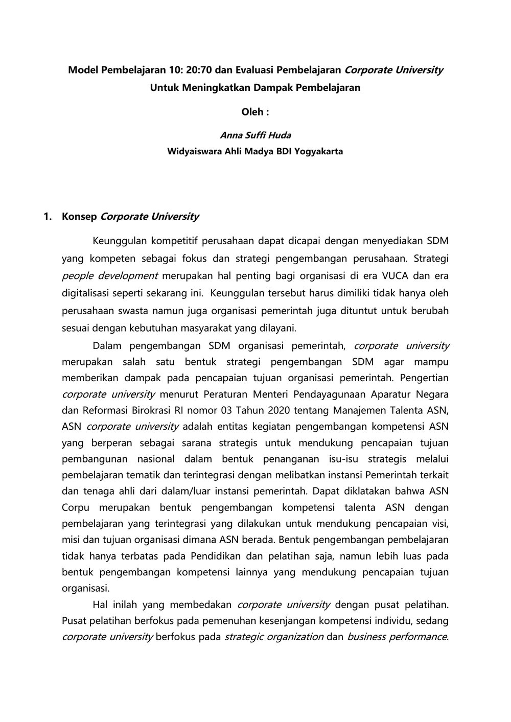 Model Pembelajaran 10:20:70 dan Evaluasi Pembelajaran Corporate University