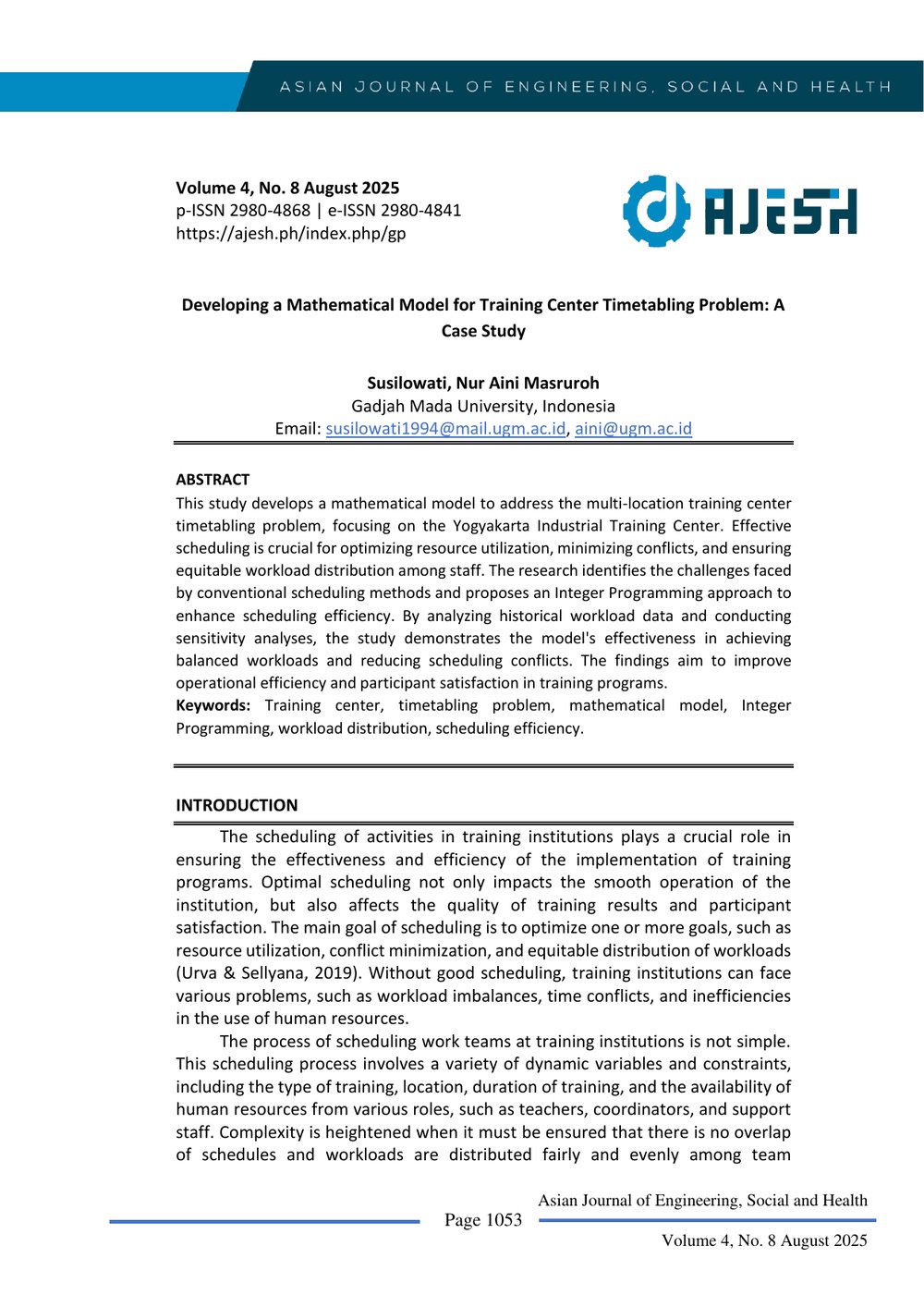 Developing a Mathematical Model for Training Center Timetabling Problem: A Case Study