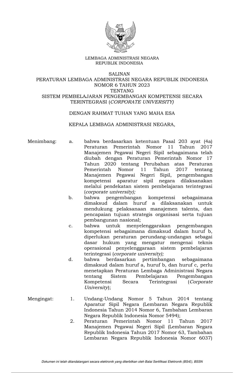 Peraturan Lembaga Administrasi Negara No. 6 Tahun 2023 tentang Sistem Pembelajaran Pengembangan Kompetensi Terintegrasi (Corporate University)