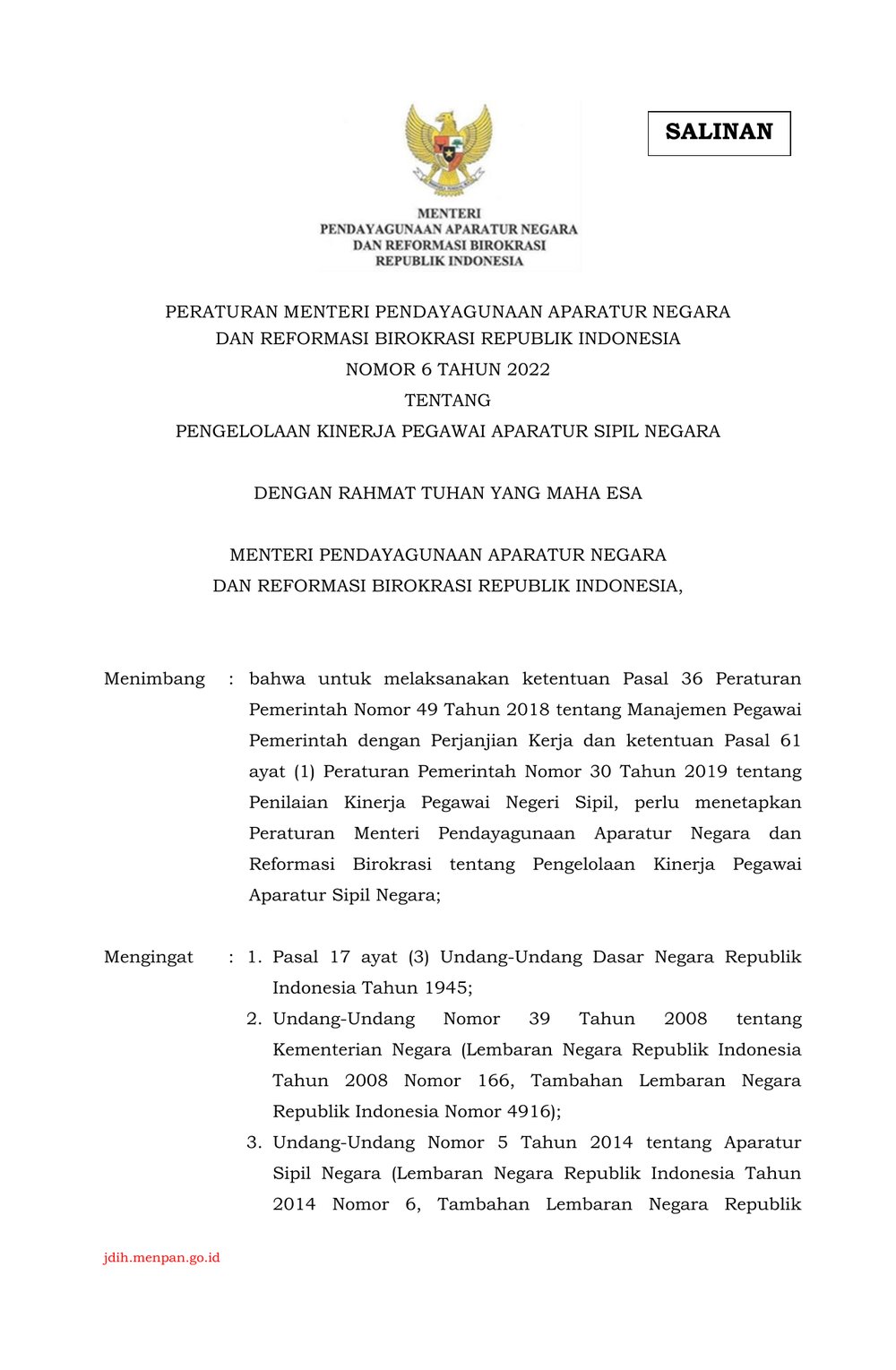 Peraturan MenPAN-RB No. 6 Tahun 2022 tentang Pengelolaan Kinerja Pegawai Aparatur Sipil Negara