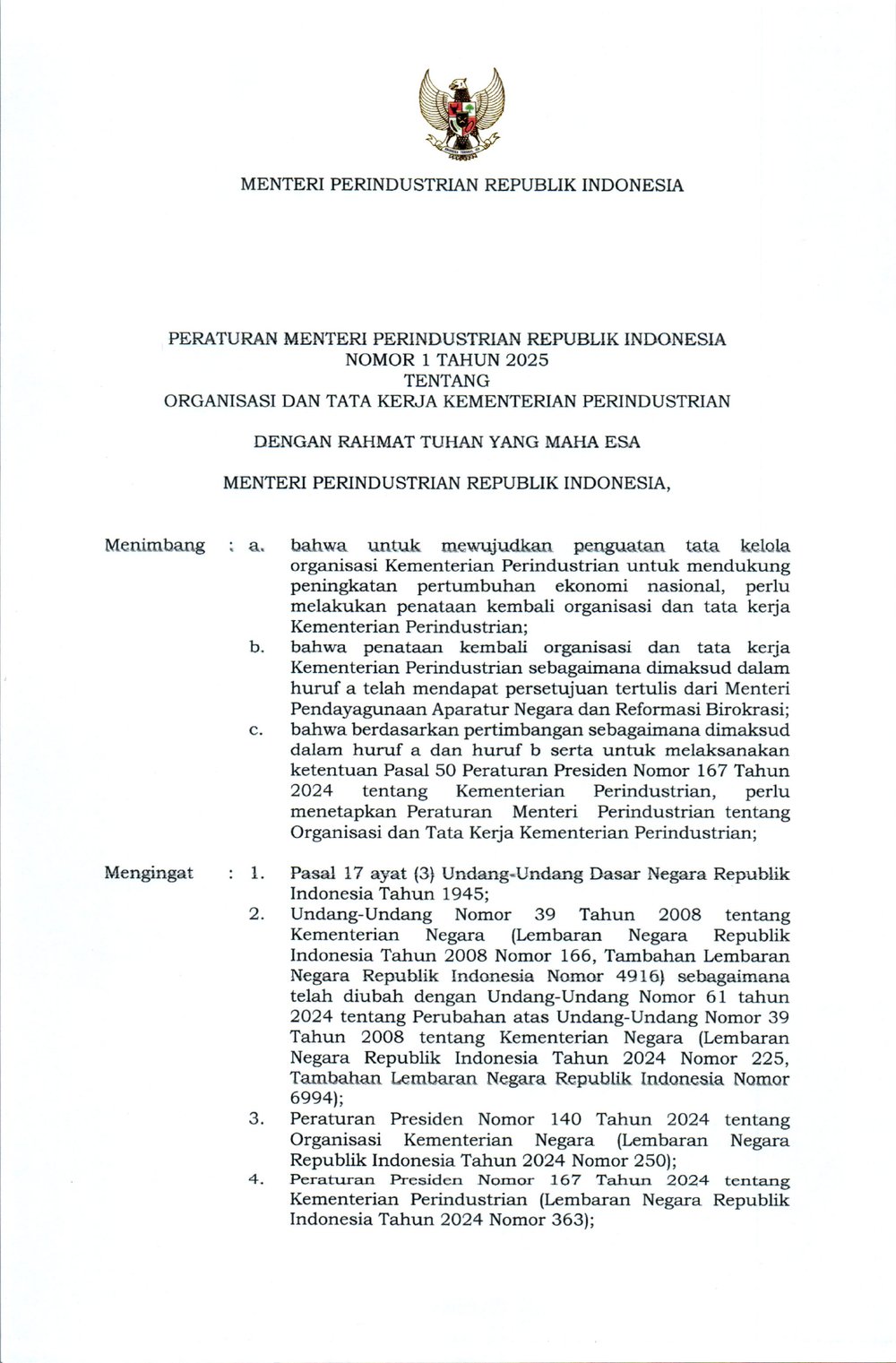 Peraturan Menteri Perindustrian No. 1 Tahun 2025 tentang Organisasi dan Tata Kerja Kementerian Perindustrian