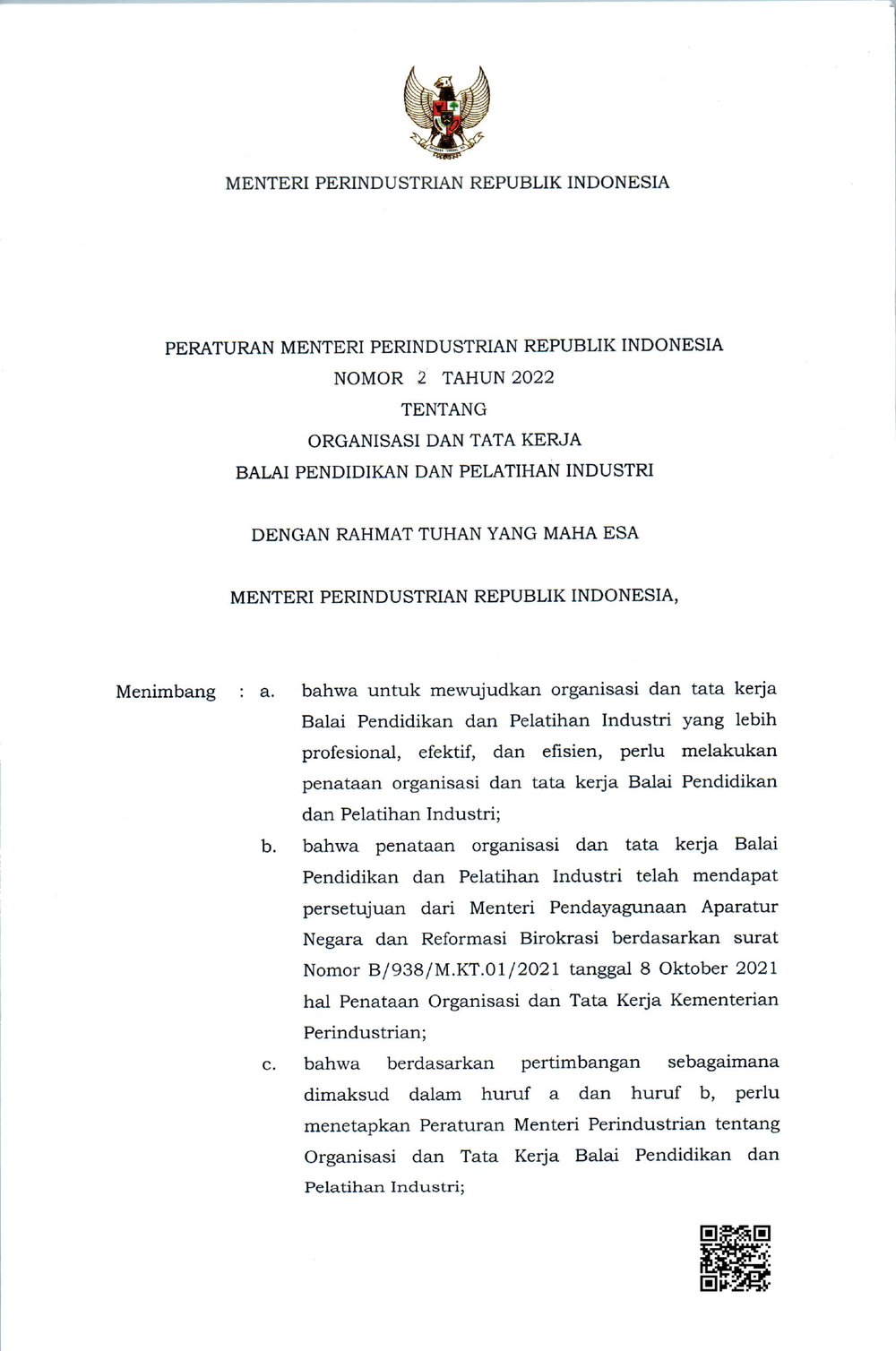 Peraturan Menteri Perindustrian No. 2 Tahun 2022 tentang Organisasi dan Tata Kerja Balai Pendidikan dan Pelatihan Industri