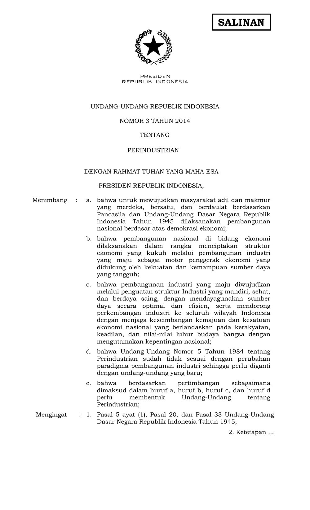 Undang-Undang No. 3 Tahun 2014 tentang Perindustrian